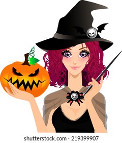 Vector illustration of Beautiful Purple Haired Witch Holding Magic Wand and Halloween Pumpkin (Jack O Lantern) isolated on white background.Halloween holidays concept.