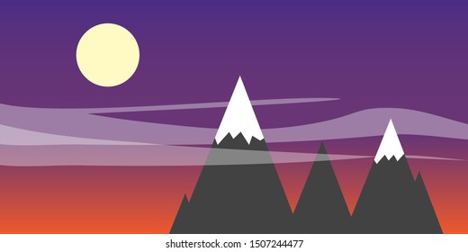 Vector illustration of beautiful purple haze mountain on evening with clouds and full moon