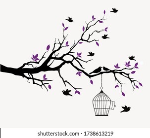 Vector illustration of beautiful Purple tree and flying birds cage