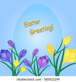 Vector illustration of beautiful purple and yellow crocuses on the blue background. Easter egg. Cute greeting card.Spring  saffron flowers and green leaves.