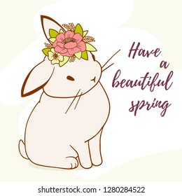 Vector illustration of beautiful rabbit with color flower on its head on light background with text. Line art style design for web, site, greeting card, invitation, banner, poster