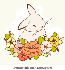 Vector illustration of beautiful rabbit with color flower on light background. Line art style design for web, site, greeting card, invitation, banner, poster