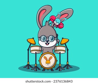 vector illustration of a beautiful rabbit playing a cute drum. animal icon concept