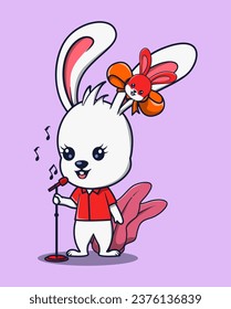 vector illustration of a beautiful rabbit singing using a cute red microphone. animal icon concept