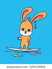 Vektorgrafik von wunderschönem Kaninchensurfen im Meer süß. Tiersymbol-Konzept