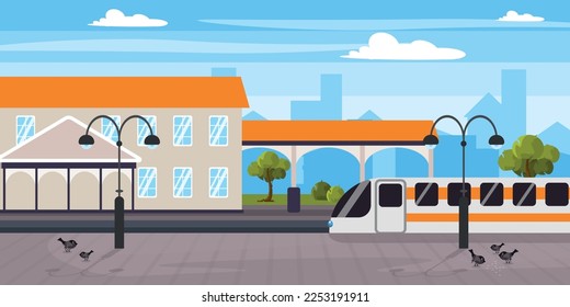 Vector illustration of a beautiful railway station. Cartoon urban buildings with station, train, boarding platforms, lanterns, birds and the city in the background.