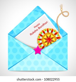 vector illustration of beautiful rakhi with letter in envelope