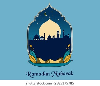Vector illustration of a beautiful Ramadan Mubarak greeting card design featuring a mosque silhouette under a crescent moon and stars. Perfect for Islamic holidays and celebrations