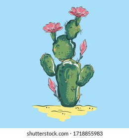 Vector illustration of beautiful realistic cactus with pink flowers drawn with a tablet, yellow sand, watercolor painting imitation, green detailed succulent  growing in the desert isolated on blue