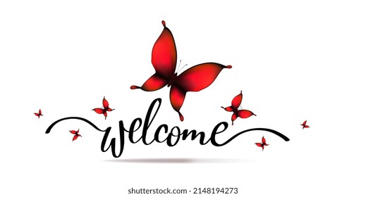 Vector illustration of beautiful red butterfly on white color background with word welcome. Template design with butterfly for web, site, banner, poster, print, greeting card