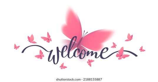 Vector illustration of beautiful red butterfly on white color background with word welcome. Template design with butterfly for web, site, banner, poster, print, greeting card