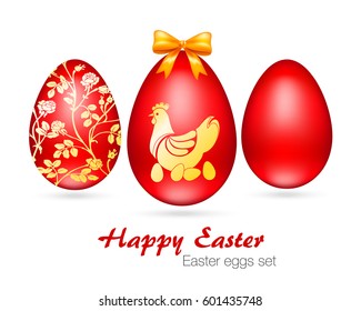 Vector illustration of beautiful red Easter eggs with golden decoration. Happy Easter greeting card.