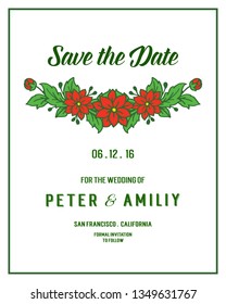 Vector illustration beautiful red flower frame with design wedding invitation card hand drawn