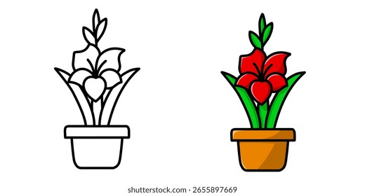 A vector illustration of a beautiful red gladiolus flower with its initial sketch, perfect for icons, logos and stickers.