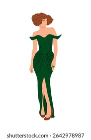 Vector illustration of a beautiful red haired woman in a dark green long evening gown and high heels. Art Nouveau style, elegant and fashionable look, isolated on white background
