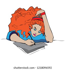 Vector illustration of beautiful red head girl on distance self education.  