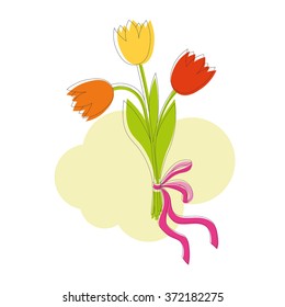 Vector illustration of beautiful red, orange and yellow tulips bouquet with bow, isolated on abstract background