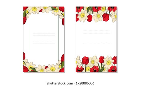 Vector illustration of beautiful red tulips and white daffodil decoration layout. Design for invitation and frame border and template greeting card and wedding card and postcards.