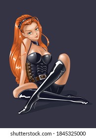 Vector illustration of a beautiful red-haired anime lady.