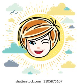 Vector illustration of beautiful red-haired happy girl face, positive face features, clipart. Teenager winking.