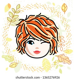 Vector illustration of beautiful red-haired happy girl face, positive face features, teenager winking. Autumn theme clipart. 