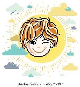 Vector illustration of beautiful red-haired happy girl face, positive face features, clipart. Teenager winking.