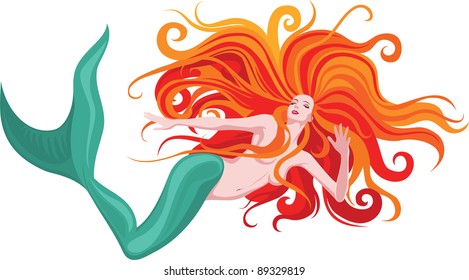 Vector illustration of beautiful red-haired mermaid