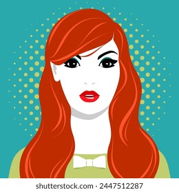 Vector illustration of beautiful redhead young woman with long wavy hair, wearing elegant green dress with small bow against spotted background