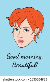 Vector illustration of beautiful redheaded girl with short haircut