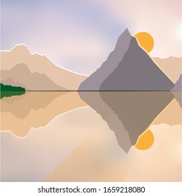 vector illustration of a beautiful relax landscape with mountains and the setting sun on a background of a gradient sky of gentle tones with reflection in the water