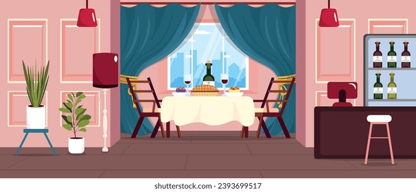 Vector illustration of a beautiful restaurant interior. Cartoon scene with a bar counter, a cabinet with wine bottles, a table with a bottle and glasses of red wine, a pie, cakes.