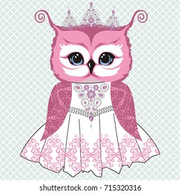 Vector illustration of a beautiful retro bride of an owl pink in a white lace dress with a crown and a necklace of rhinestones. Postcard, banner, invitation to a wedding. Pastel shades.
