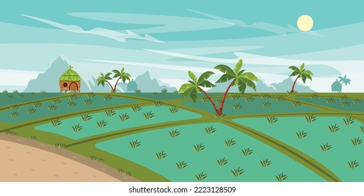 Vector illustration of beautiful rice fields. Cartoon mountains landscape with rice plantations, palm trees, wooden huts.