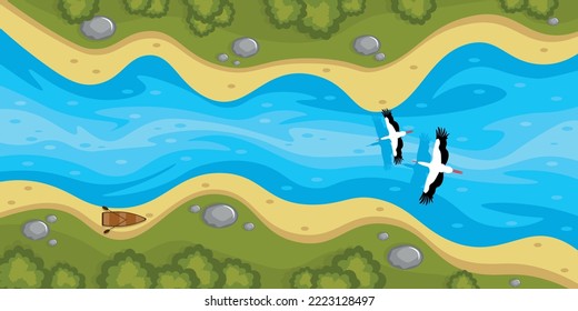 Vector illustration of a beautiful river in the forest with a view from above. Cartoon forest landscape with big river, storks, boat, stones.