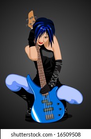 Vector illustration of beautiful rock girl with blue bass guitar