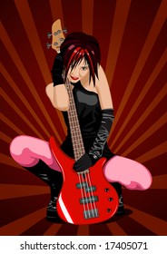 Vector illustration of beautiful rock girl with red bass guitar