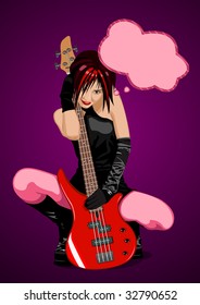 Vector illustration of beautiful rock girl with red bass guitar, and speech bubble