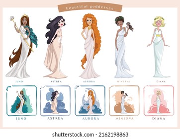 Vector illustration of beautiful roman goddesses Juno, Astrea, Aurora, Minerva and Diana.