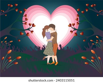 Vector Illustration of Beautiful Romantic Night Scenery Couple in Love. Happy Valentine's Day Poster or Card Design.