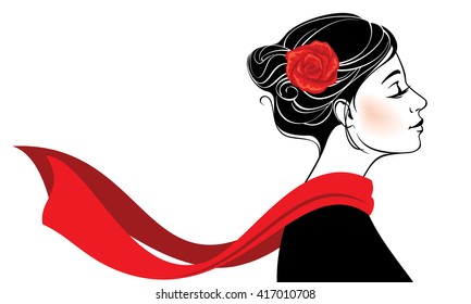 Vector illustration. Beautiful romantic woman with rose in her hair and red scarf flying on the wind. Isolated on white background