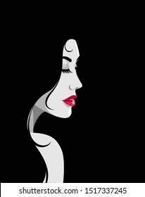 Vector illustration of beautiful romantic young woman with full red lips and long black hair, looking over her naked shoulder against black background