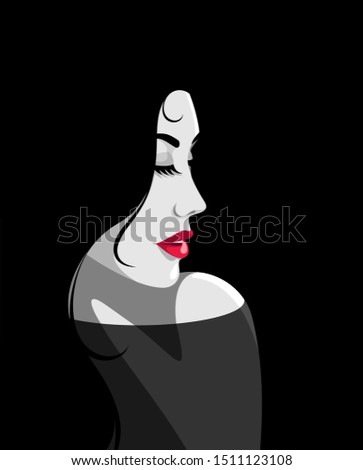 Vector illustration of beautiful romantic young woman with full red lips and black hair, looking over her shoulder, wearing black dress against black background