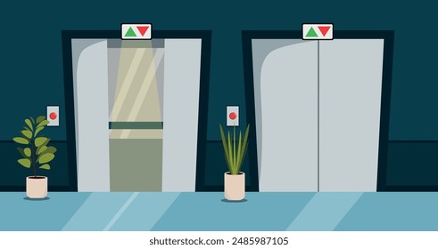 Vector illustration of a beautiful room with elevators. Cartoon scene of modern elevators: open with stirrup light and closed, red buttons, pots with plants. Lifting and lowering people and cargo.