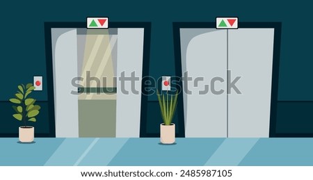 Vector illustration of a beautiful room with elevators. Cartoon scene of modern elevators: open with stirrup light and closed, red buttons, pots with plants. Lifting and lowering people and cargo.