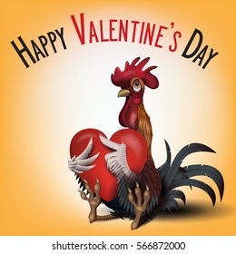 Vector illustration of beautiful rooster in love with big heart. Perfect for Valentine's Day card.