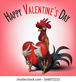 Vector illustration of beautiful rooster in love with big heart. Perfect for Valentine's Day card.