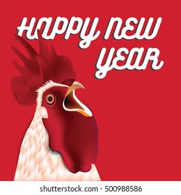 Vector illustration of beautiful rooster with red background and greeting text
