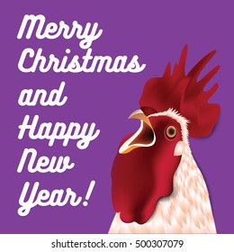 Vector illustration of beautiful rooster with violet background and greeting text