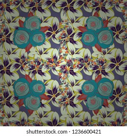 Vector illustration. Beautiful rose flowers in yellow, violet and blue colors. Stylized roses seamless pattern.