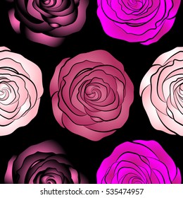 Vector illustration. Beautiful rose flowers in white, magenta and pink colors on a black background. Stylized roses seamless pattern.